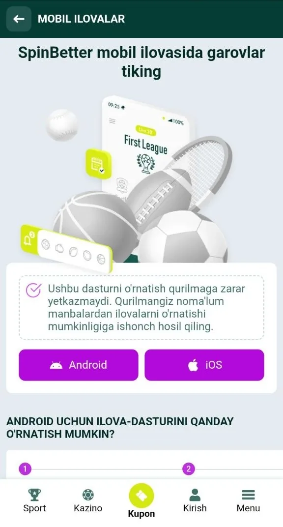 SpinBetter yuklab olish — Android uchun APK va mobil ilova ekrani
