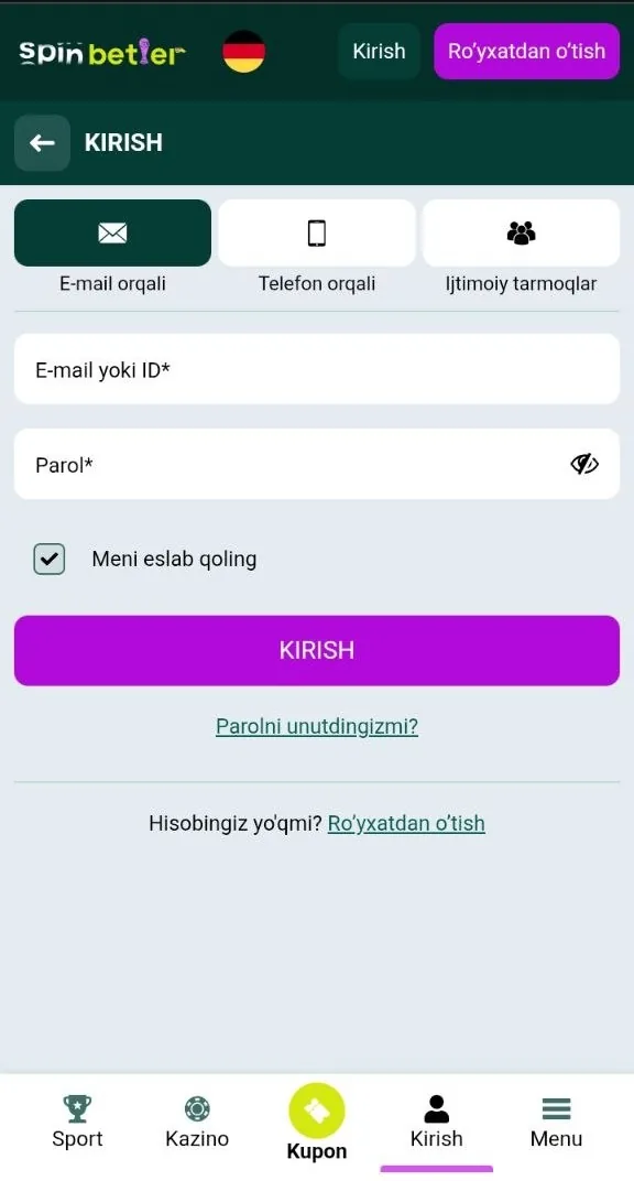 SpinBetter login — hisobga kirish oynasi va parol maydoni