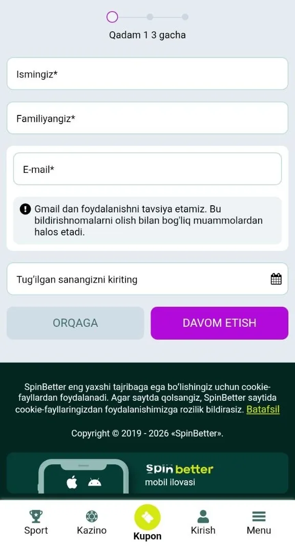 SpinBetter roʻyxatdan oʻtish — hisob ochish anketasi va valyuta tanlovi